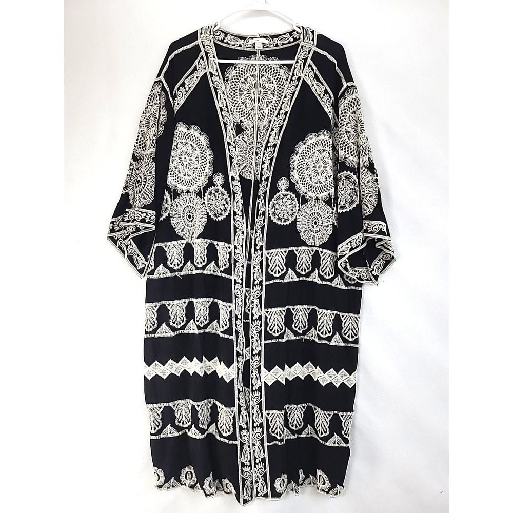 Long Black Midi Cover Up 22W 24W Kimono Cardigan Floral Embroidered Blk Beachy